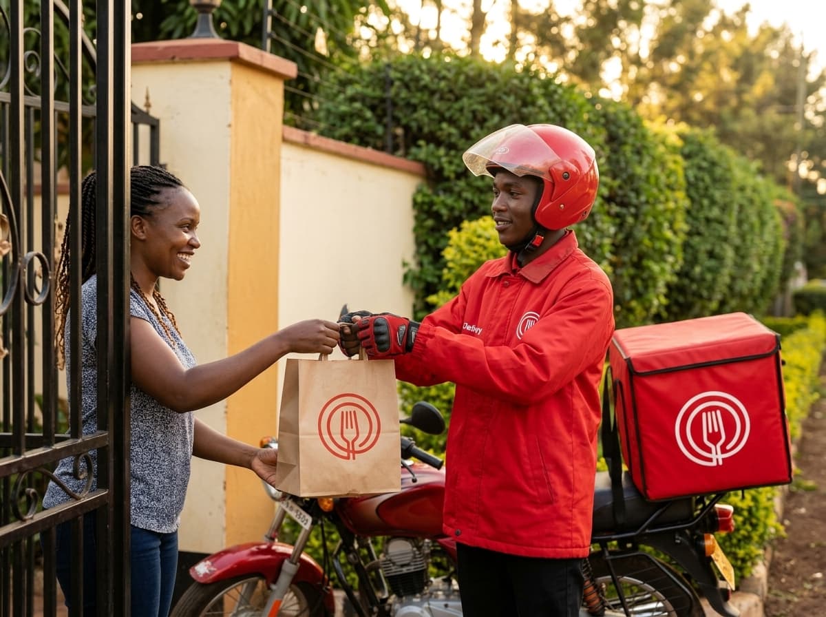A Munchies rider handing a delivery bag to a smiling customer at her gate in Eldoret