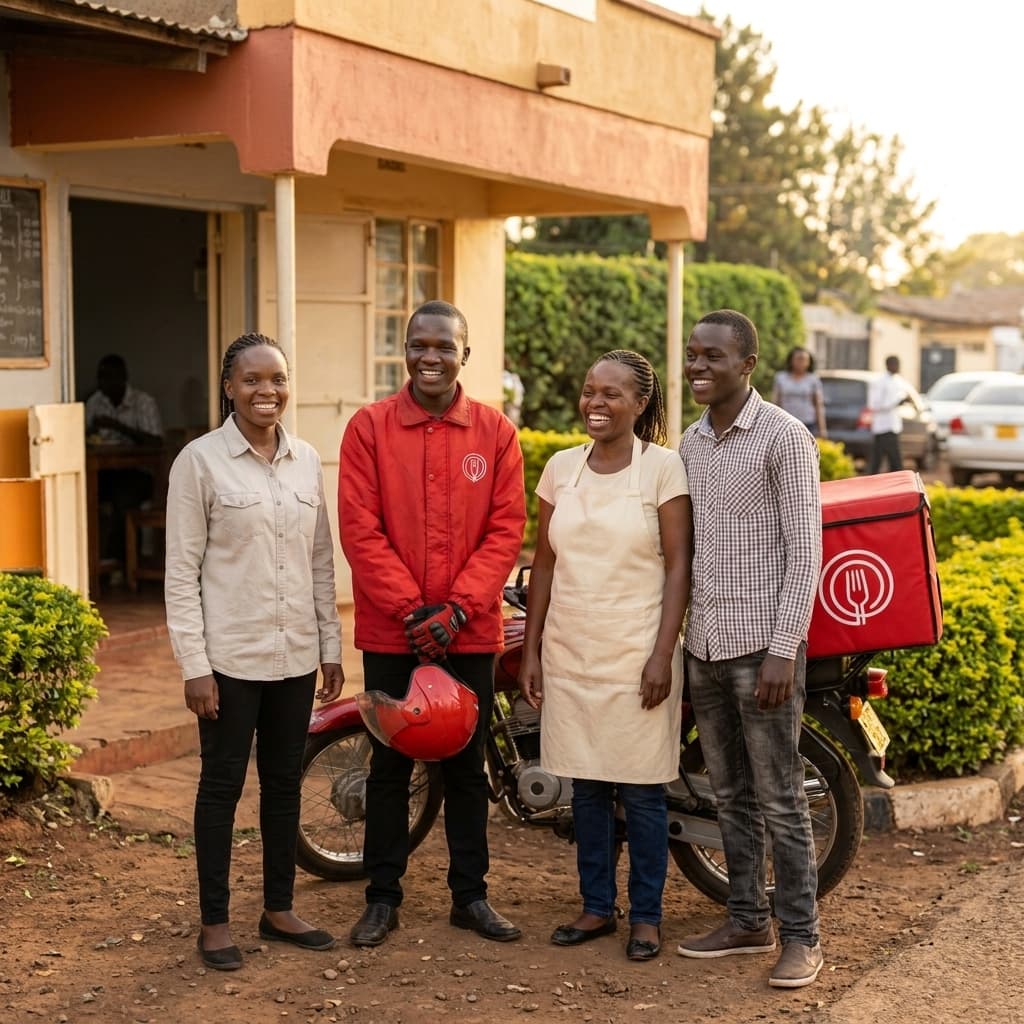 A Munchies rider, a restaurant owner and two team members standing together outside a restaurant in Eldoret